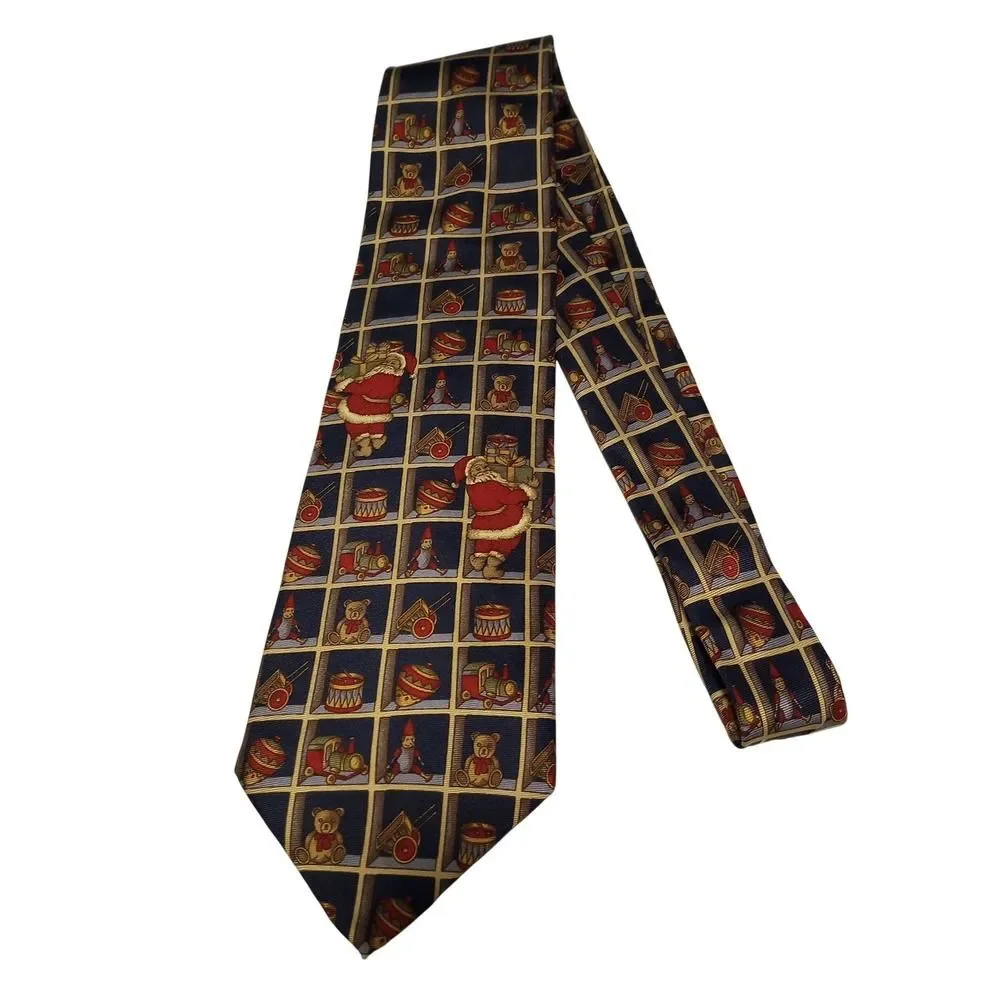 Club‎ Room Mens Silk Christmas Tie Santa Claus Toy Shelf Navy Blue Made in USA